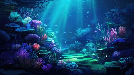 Wall Mural - Underwater world scene with colorful coral reef. Under the sea background. Marine Life Landscape. Ocean water world. AI illustration..