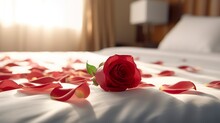 Rose on the bed in the hotel rooms. Rose and her petals on the bed for a romantic evening. honeymoon concept.  