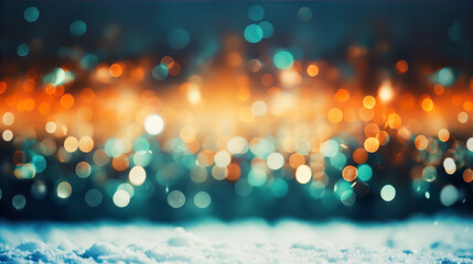 Wall Mural - Teal Orange Vintage Christmas Bokeh Blur Lights Background Snow Ground Festive Illustration