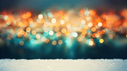 Wall Mural - Teal Orange Vintage Christmas Bokeh Blur Lights Background Snow Ground Festive Illustration