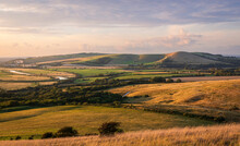 Golden Hour View From Itford Hill In The South Downs Of The Ouse Valley And Lewes Downs East Sussex South East England UK