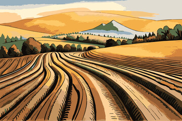 Farm fields with furrows. Farm landscape.