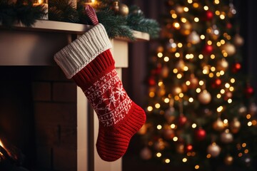 red christmas sock on fireplace mantle. beautifully decorated living room on occasion of new year an