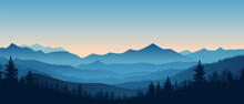 Beautiful Mountain Landscape At Sunrise. Stunning Foggy Landscape Of Mountains And Forest Silhouettes. Wonderful Landscape For Printing. Vector Illustration.
