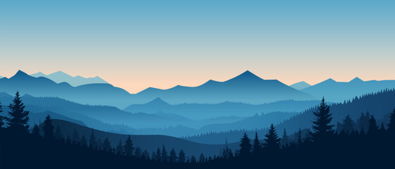 beautiful mountain landscape at sunrise. stunning foggy landscape of mountains and forest silhouette