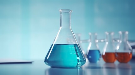 Wall Mural - A Science Beaker in the laboratory on a table white and light blue background. laboratory equipment out of focus. 