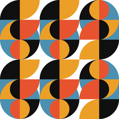 Poster - Geometric abstract vector seamless pattern with circles, rectangles and squares in retro Bauhaus style. Pastel colored simple shapes graphic background.