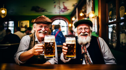 Wall Mural - Two old men, friends cheering with two mugs of beer at the German Oktoberfest in Bavaria. Shallow field of view.