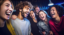 Happy People Of Young People Together In A Karaoke Bar, Singing And Having Fun Together, Clubbers Rocking And Chilling Out. Celebration, Holiday, Birthday, Generative AI