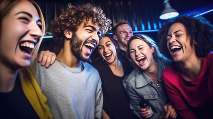 Happy people of young people together in a karaoke bar, singing and having fun together, clubbers rocking and chilling out. celebration, holiday, birthday, Generative AI