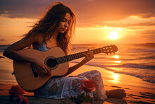 Illustration Capturing The Ethereal Beauty Of A Young Girl Serenading The Ocean Waves With Her Acoustic Guitar As The Sun Gracefully Dips Below The Horizon. Ai Generated