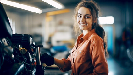 Wall Mural - A woman repairing a car at a service station. Generated with AI