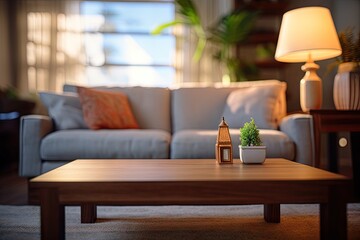 Wall Mural - A detailed view of a well lit living room featuring a sofa and a table positioned in front of it, with a blurry background.