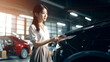 © millenius - Asian woman repairing a car at a service station. Generated with AI