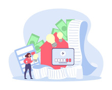 Woman Reducing Energy Consumption Vector Illustration. Long And Expensive Electricity Bill And Calculator, People Using Power Saving Light Bulbs. Energy Consumption, Cost Of Living Concept