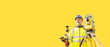 © Iryna - site engineer surveyor working with theodolite total station EDM equipment on yellow backgound witn copy space
