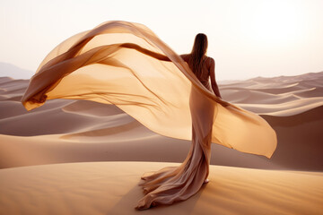 Wall Mural - Woman in a long dress walking in the desert with  flowing fabric in the wind 