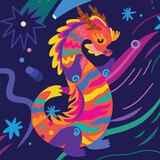 Fototapeta  - Cute bright abstract Dragon among the stars and fireworks