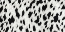 Seamless Soft Fluffy Large Mottled Cow Skin, Dalmatian Or Calico Cat Spots Camouflage Pattern. Realistic Black And White Long Pile Animal Print Rug, Generative AI