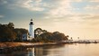 Early Morning at St. Simons Island Lighthouse - Coastal Tower and White Beacon on the Ocean's Edge (16:9): Generative AI