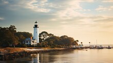 Early Morning At St. Simons Island Lighthouse - Coastal Tower And White Beacon On The Ocean's Edge (16:9): Generative AI