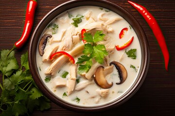 Wall Mural - Close-up of Delicious Tom Kha Gai - Thai Chicken Soup with Coconut Milk. Top-View from Above in a White Bowl - Perfect for Food and Cookery: Generative AI