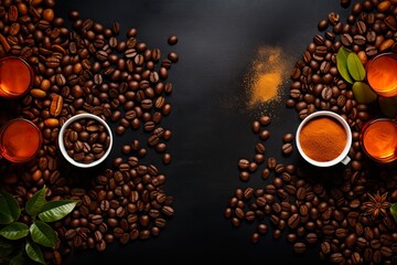 Wall Mural - Coffee Flat Lay: Ingredients and Coffee-Making Accessories Arranged on Wooden Table Background. Perfect for Breaks and Espresso-Cup Top Views: Generative AI