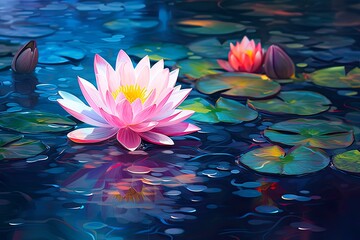 Wall Mural - Waterlilly and Lotus in a Calm Pond: A Generative AI Landscape with Dreamy Fantasy and Cute Texture Background: Generative AI