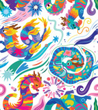 Fototapeta  - Seamless pattern with cute bright abstract Dragons among the stars and fireworks