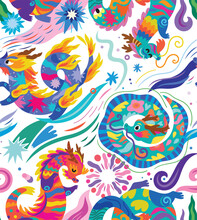 Seamless Pattern With Cute Bright Abstract Dragons Among The Stars And Fireworks