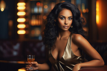 beautiful young woman sitting at a bar with a glass of whiskey in a luxurious interior. blurred back
