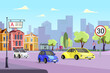 Cars obeying speed limit in city vector illustration. Road sign warning drivers to move slow to reduce level of accidents, protect pedestrians and fight air pollution. Transportation, safety concept
