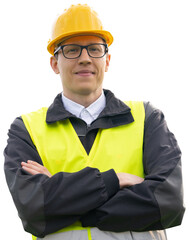 Poster - Portrait of a smiling engineer in a glasses, helmet and blue suit looking at camera. Isolated	