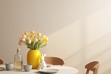 This Is A Minimalist Easter Themed Dining Room Interior With Space For Customization. It Features A Round Table, A Vase Displaying Tulips, A Sculpture Of An Easter Bunny, A Jar Of Honey, A Beige Wall
