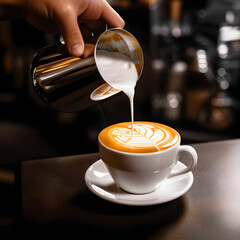 close up barista hands pouring warm milk in coffee cup for making latte art.