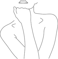 Wall Mural - Minimal line art woman with hand on face. Black Lines Drawing. - Vector illustration