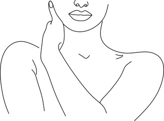 Wall Mural - Minimal line art woman with hand on face. Black Lines Drawing. - Vector illustration