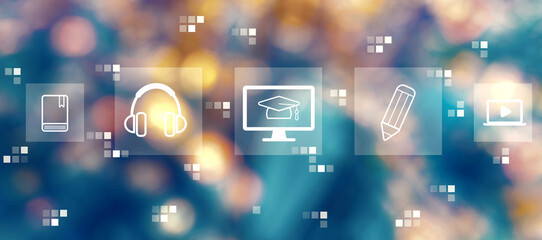 Poster - e-learning concept with blurred city lights at night