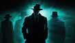 A man in a suit hides his face behind a hat on a dark background with the concept of incognito