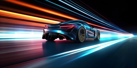 Wall Mural - Futuristic Sports Car On Highway. Powerful acceleration of a supercar on a night track with lights and trails. 3d illustration. Generative Ai.