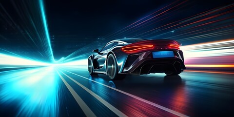 Wall Mural - Futuristic Sports Car On Highway. Powerful acceleration of a supercar on a night track with lights and trails. 3d illustration. Generative Ai.