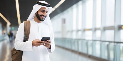 Aufkleber - Handsome Arab man walking with a suitcase at the airport and using a smartphone, a smiling young guy.