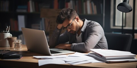 Aufkleber - An exhausted man sleeps on his desktop next to a laptop and documents.
