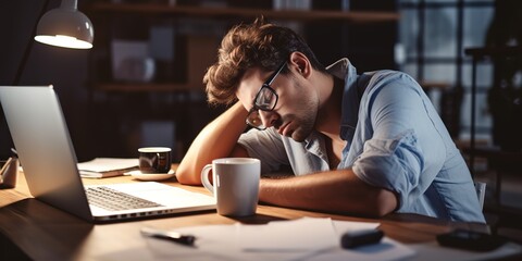 Aufkleber - An exhausted man sleeps on his desktop next to a laptop and documents.