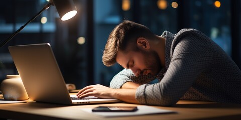 Aufkleber - An exhausted man sleeps on his desktop next to a laptop and documents.