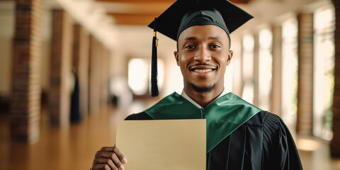 Cheerful guy in graduation suit showing diploma and smiling