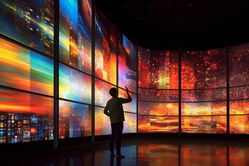 Fototapete -  A person looks at a wall of a screen, which displays the perspective of the future story. Generative AI technology.