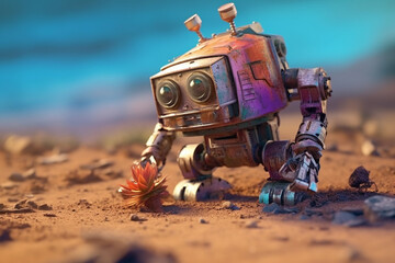 Poster -  A space robot lands on an unfamiliar planet, examining the relics of the past. Generative AI technology.
