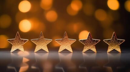 Wall Mural - Front view of 5 stars shape line up on table isolated on bokeh and gold glitter background