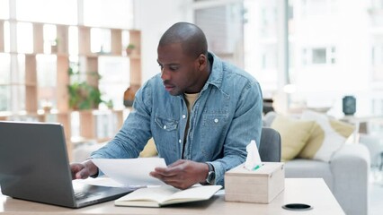 Aufkleber - Laptop, documents and planning with a business man in his home for remote work on a startup project. Computer, research and paper with a freelance employee or entrepreneur reading information